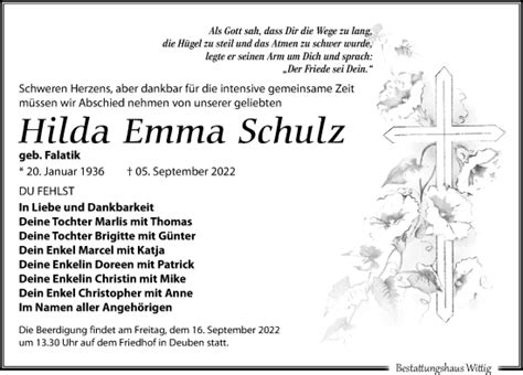 Traueranzeigen Von Hilda Emma Schulz Trauer Anzeigen De