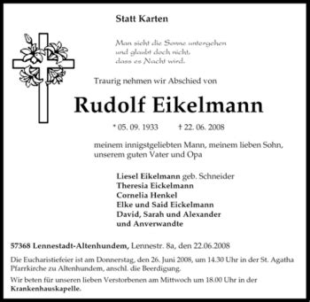 Traueranzeigen Von Rudolf Eikelmann Trauer In NRW De