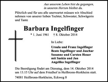 Traueranzeigen Von Barbara Ingelfinger Trauerundgedenken De