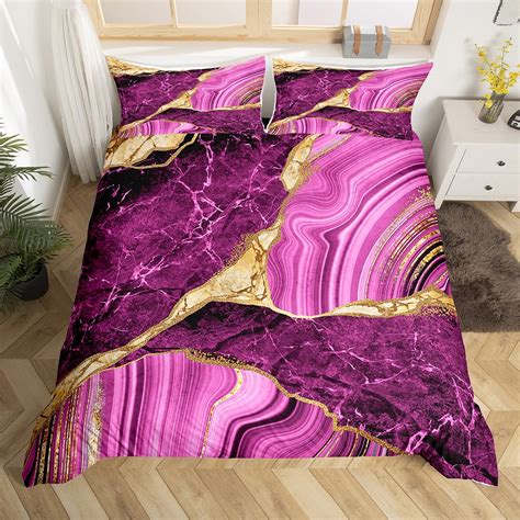 Gold Marble Duvet Cover Queen Purple Marbling Crack Print Bedding Set