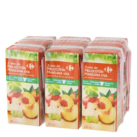 Zumo de melocotón manzana y uva Carrefour pack de 6 briks de 20 cl