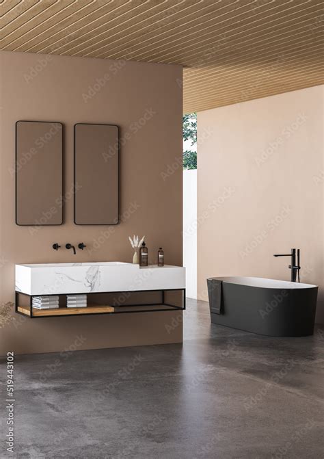 Modern bathroom interior with beige walls, marble basin with double ...