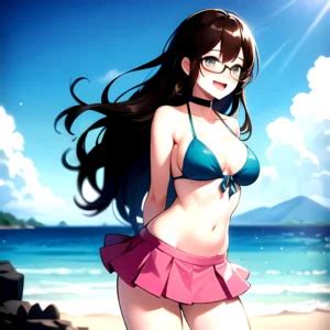 1girl D Bikini Bikini Bottom Aside Bikini Skirt Black Choker Blush Breasts Brown Hair Choker