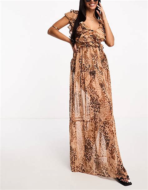 Miss Selfridge Beach Leopard Frill Cut Out Maxi Dress Asos