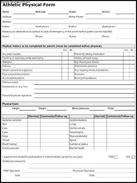 Printable Adult Football Sports Physical Form Printable Forms Free Online