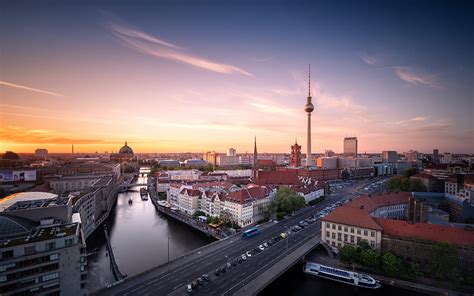 Berlin, morning, sunrise, Fernsehturm Berlin, skyline, Berlin cityscape ...