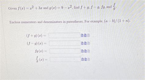 Solved Given F X X2 3x And G X 9 X2 Find F G F G Fg Course Hero