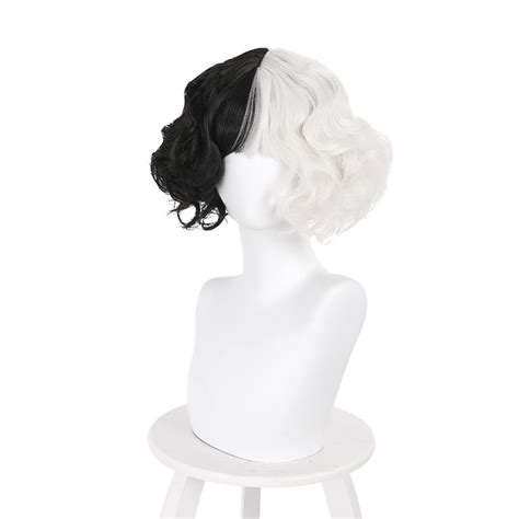 2021 Cruella Deville Wig Half Black And White Wigs Short Curly Wavy Bob Hair Women Girl Role