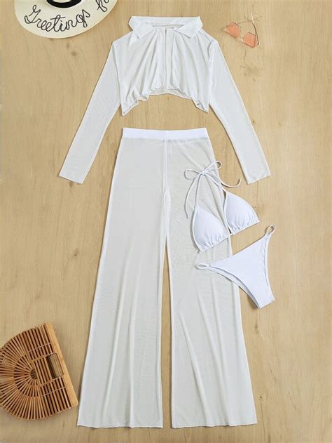 SHEIN Swim Basics Sheer Bikini Set Halter Triangle Bra Thong Cover Up Shirt Pants Piece