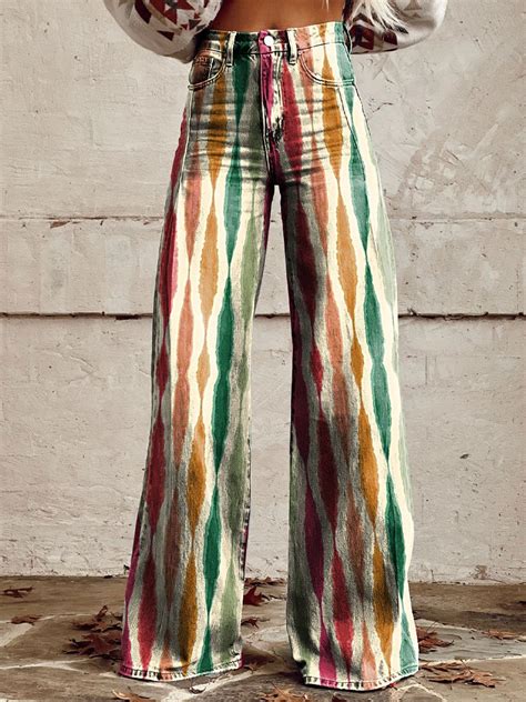 Womens Vintage Print Casual Wide Leg Pants