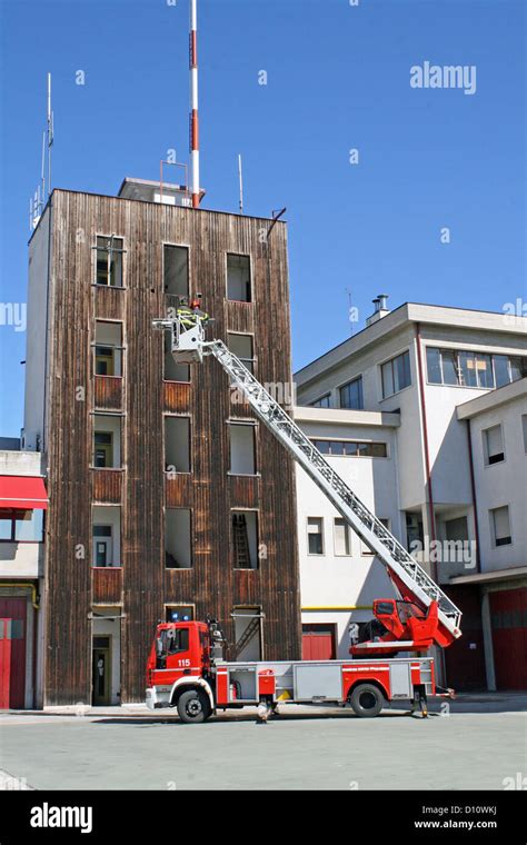 Italian fire trucks ladder truck during a rescue mission Stock Photo ...