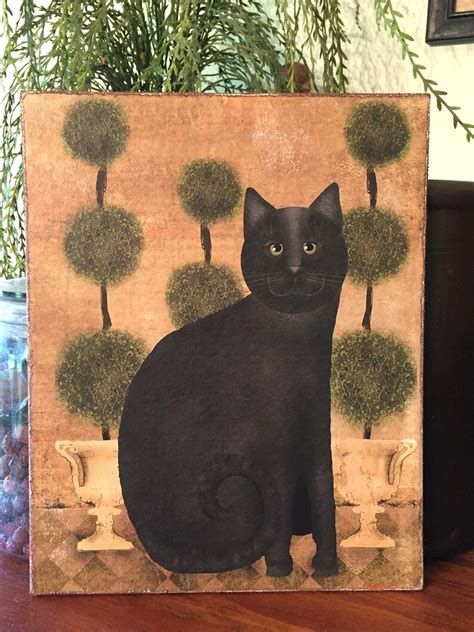 Primitive Folk Art Black Cat With Topiary Beth Albert Print On Etsy