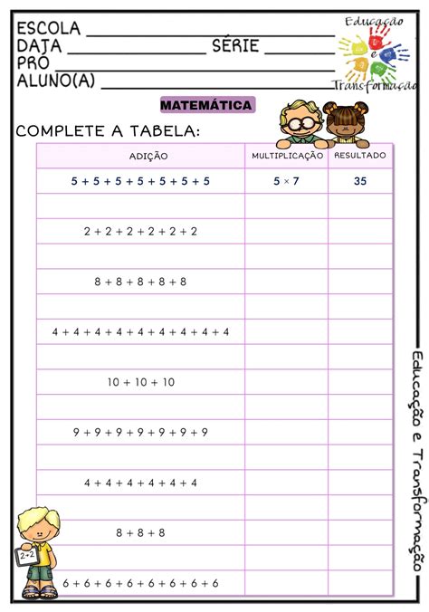 Matemática adição e multiplicação Atividade de matemática para