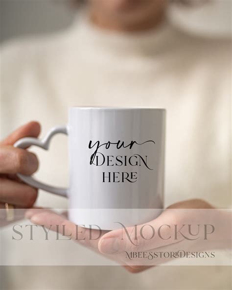 Woman Holding Heart Shaped Handle Mug Mockup Blank Heart Shaped Mug