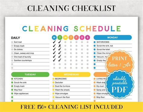 Printable Cleaning Schedule Checklist Editable Daily Weekly Monthly