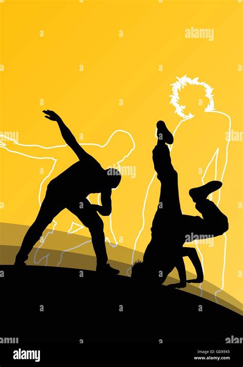 Active Young Man And Woman Dancers Silhouettes In Abstract Line