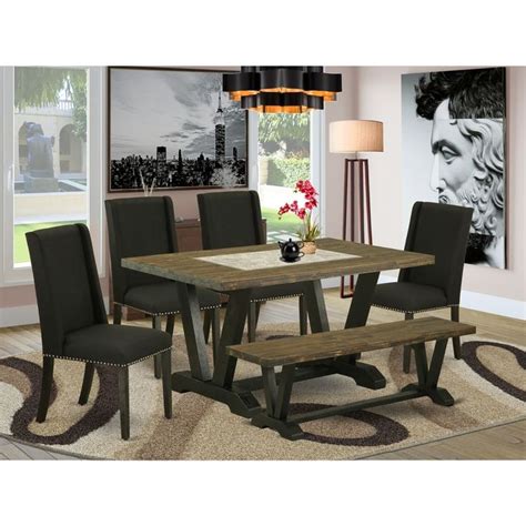 East West Furniture Piece Dining Set Black Linen Fabric Seat And High