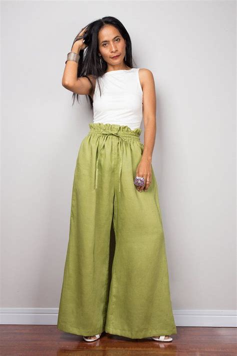 Green Linen Trousers Handmade Long Wide Leg Palazzo Pants With Pockets