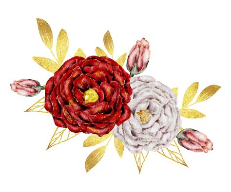 Red Flower Bouquet Watercolor With Gold Leaf 10313524 PNG