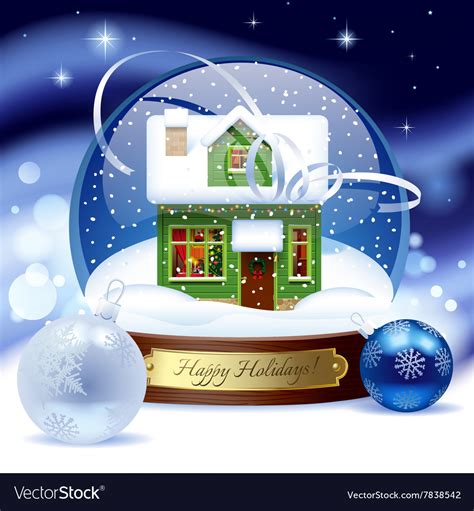 Snow globe with green wooden christmas house Vector Image