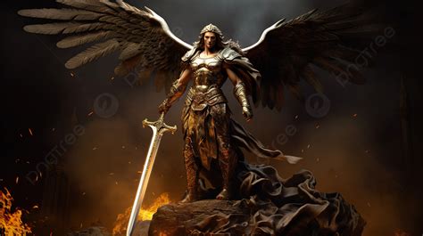 Warrior Angel Statue In The Fire Background Saint Michael Archangel