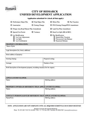 Fillable Online City Of Bismarck Unified Development Application