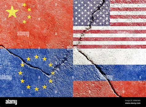 Closeup Of Usa China Eu And Russia Flags On Weathered And Cracked