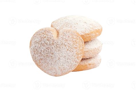 Heart Shaped Butter Cookies With Powdered Sugar On White Background