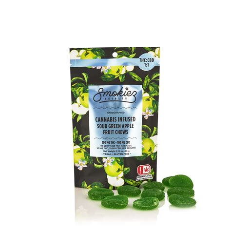 Smokiez Edibles Sour Green Apple 1 1 Thc Cbd Multi Piece Fruit Chews 100mg Thc 100 Mg Cbd