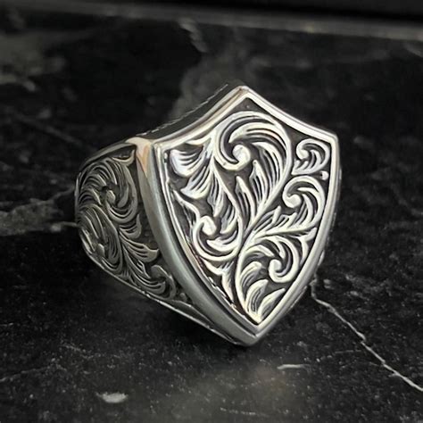 Handmade Engraved Shield Men Ring Silver Shield Signet Ring Ancient