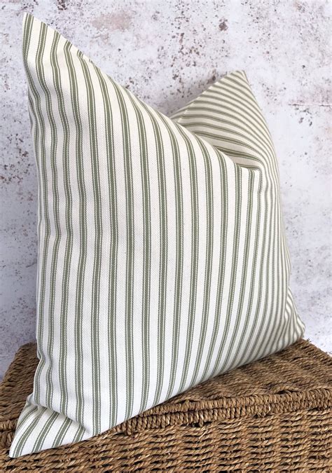 Sage Green Ticking Cushion Cover Cream And Green Striped Etsy Uk