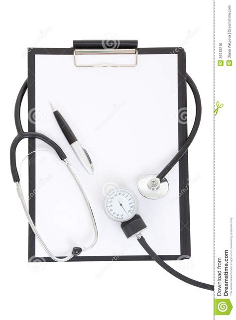 Clipboard With Blank Paper Sheet Stethoscope And Sphygmomanometer