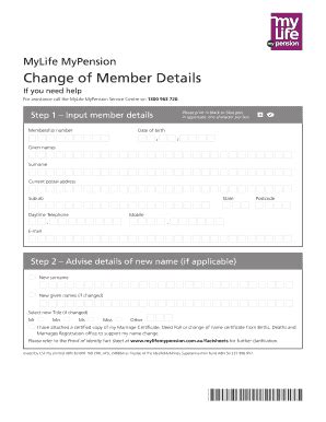 Fillable Online MyLife MyPension Change Of Member Details Fax Email