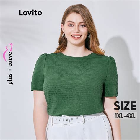 Lovito Women Plus Size Curve Elegant Plain Button Round Neck Blouse