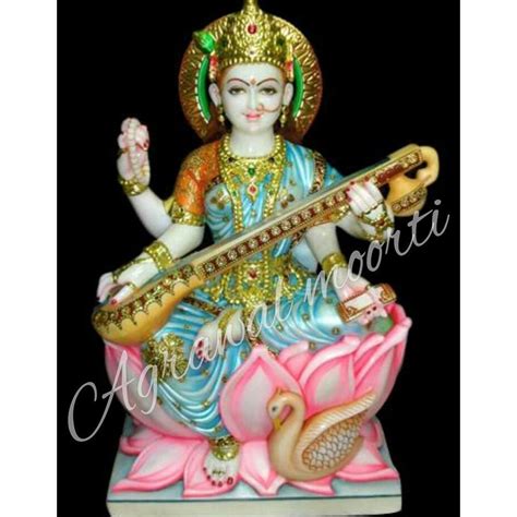 Multicolor Painted 12inch Marble Saraswati Statue For Worship At Rs