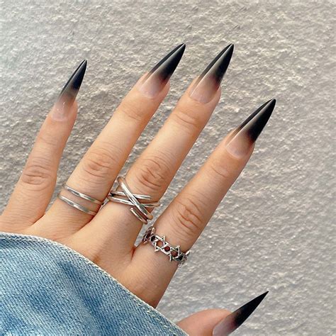 Andging Black Stiletto Press On Nails Long Fake Nails For Women With Black Ombre