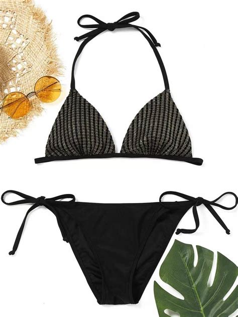 Womens Halter Triangle Top And String Tie Side Thong Bikini Set Two