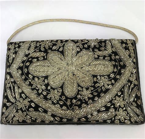 A Beautiful Vintage Black Velvet Gold Thread Embroidered Evening Bag