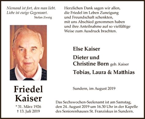 Traueranzeigen Von Friedel Kaiser Trauer Nrw