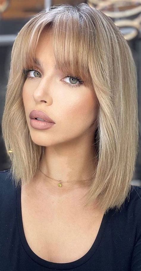 30 Cute Fringe Hairstyles For Your New Look Blonde Lob With Bangs Blonde Hair With Fringe