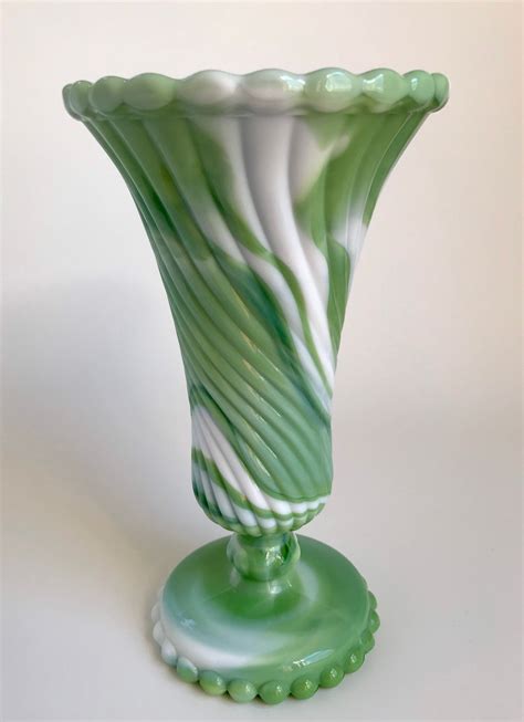 Vintage Glass Vase Green Slag Glass Westmoreland Swirl Ball Etsy