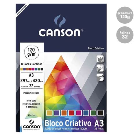 Bloco A3 Canson - Bloco Colorido Criativo Cards A3 32 Folhas 8 Cores Canson