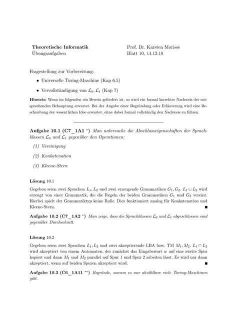 Aufgabenblatt 10 Lösungen Theoretische Informatik Übungsaufgaben Prof