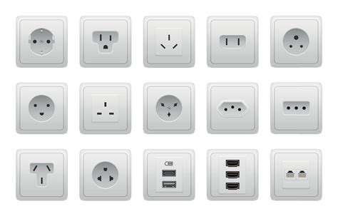 Realistic socket types. AC power wall socket mock up, USB hand drawnMI ...