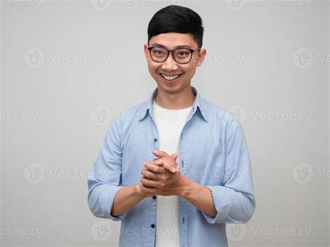 Asian businessman wear glasses gesture joy hands with happy smile ...