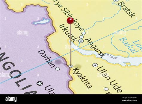 close kyakhta city red pin needle russia country political map stock photo