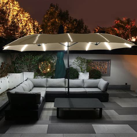 Mondawe 15ft Double Sided Patio Umbrella With Solar LED Stand Crank