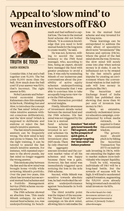 Appeal to 'slow mind' to wean investors off F&O - Fee Only Investment