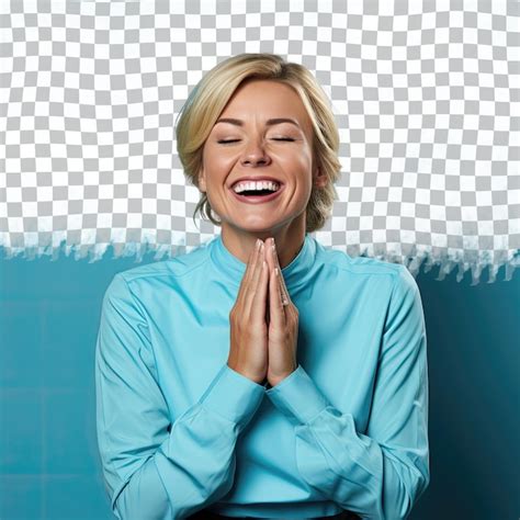 Premium PSD Serene Scandinavian Biotechnologist Laughing Blonde With Hand Pastel Blue Pose