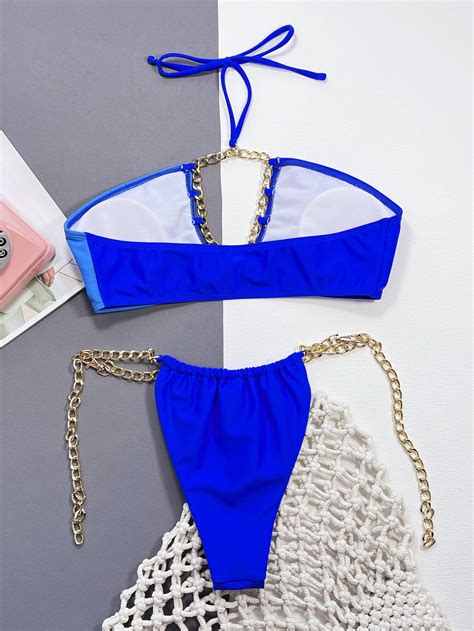 Chain Bikini Set Blue Two Pieces Backless Bathing Swimsuit Power Day Sale